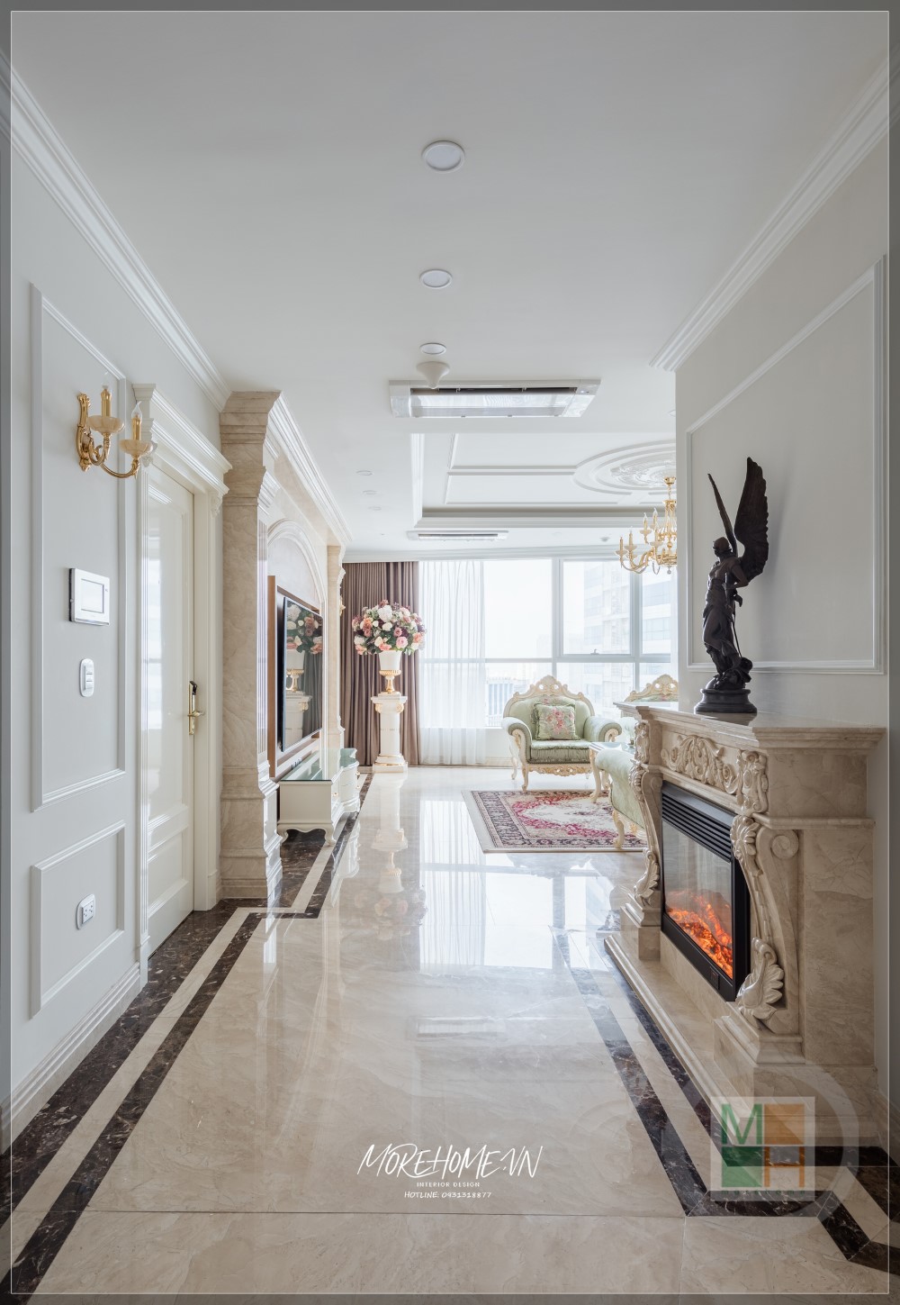 Kệ tủ tivi gỗ tự nhiên màu trắng tân cổ điển trang trí tô điểm sự sang trọng thẩm mỹ cao cho không gian